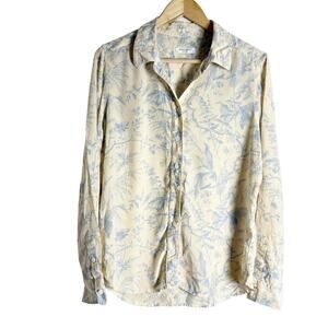 Equipment Femme Cream Blue Silk Floral Print Long Sleeve Button Up Blouse Large